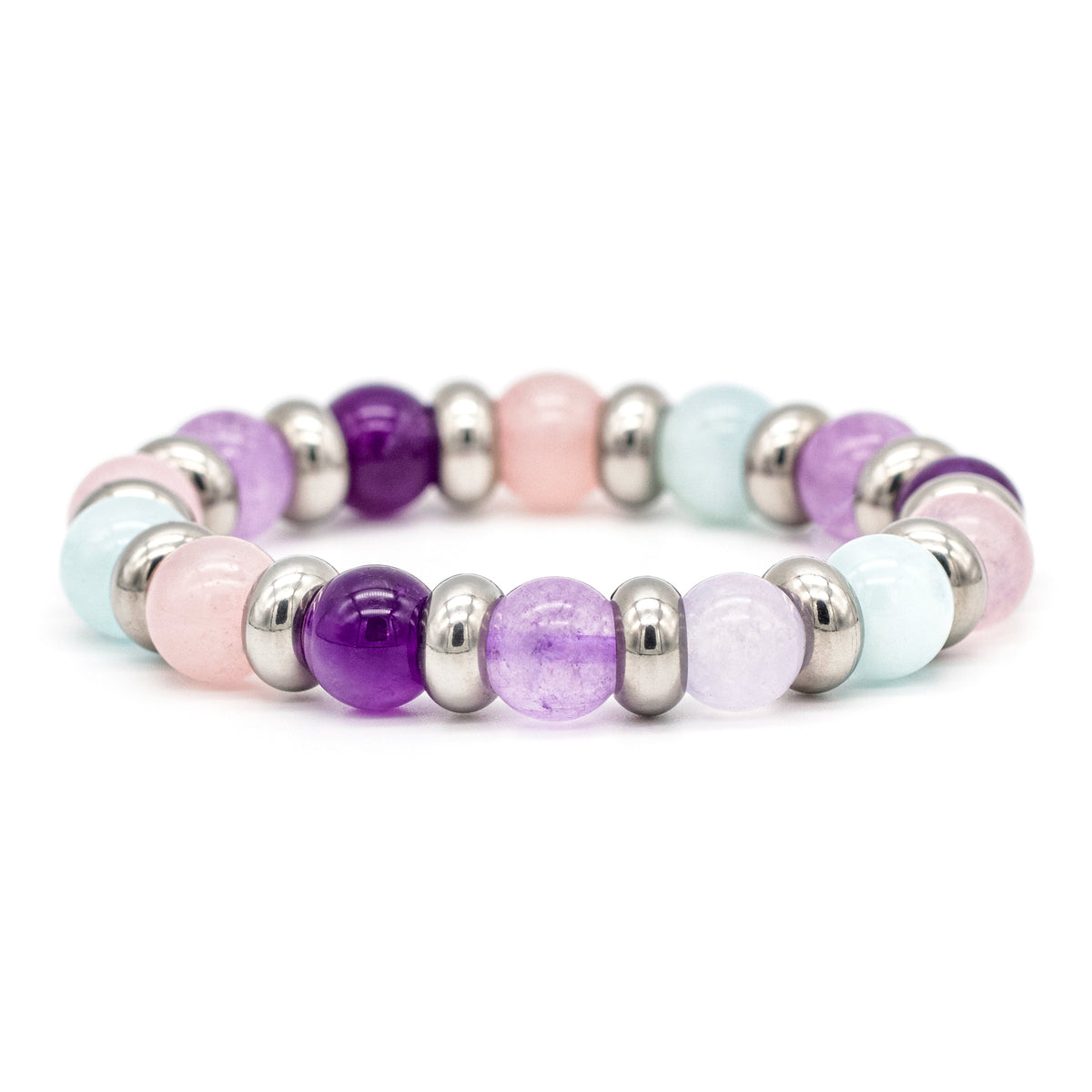 Natural Stone Bracelet with Amethyst, Rose Quartz, Chalcedony, and Aquamarine beads.