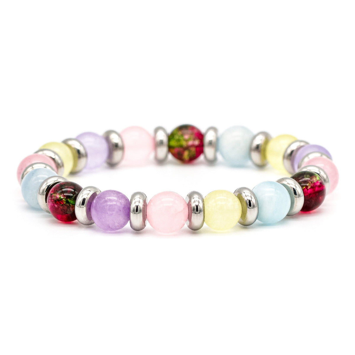 Handcrafted women's bracelet with Chalcedony, Watermelon Tourmaline, and Aquamarine beads.