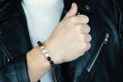 Men's Executive Success Bracelet: Tourmaline Black, Onyx, Hematite, Quartz Clear and Silver Steel