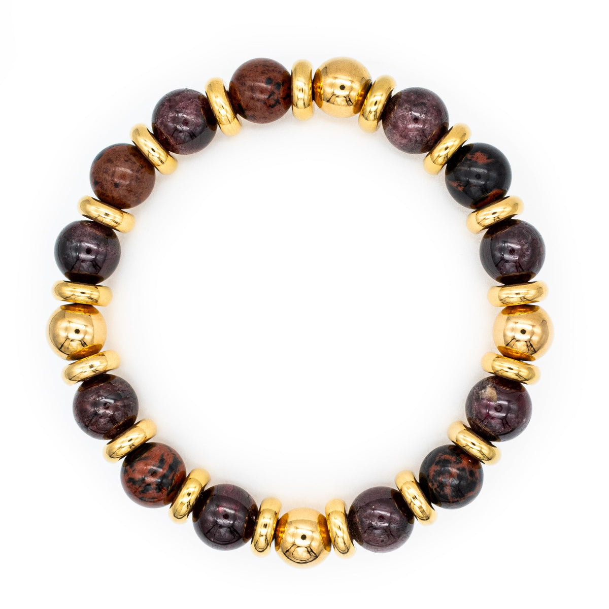 Women's Wristband for Empowering with Almandine Garnet, Mahogany Obsidian and Gold