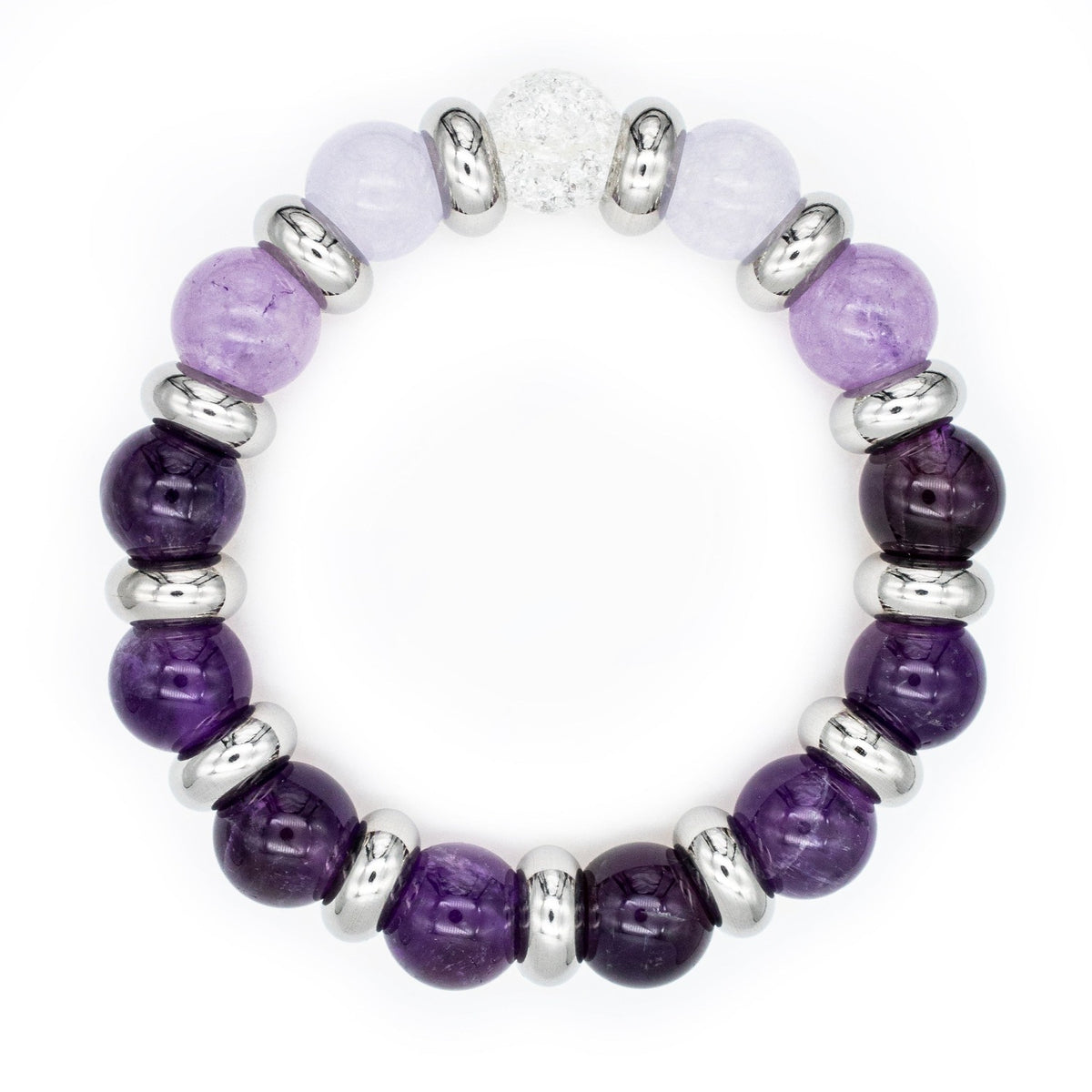 Close-up of Chalcedony, Clear Quartz, and Amethyst beads in an elegant bracelet design.
