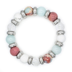 Women's Personal Growth Bracelet: Aquamarine, Jasper Snakeskin, Quartz Clear, Rhodochrosite, Howlite and Silver Steel