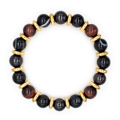 Men's Vitality and Balance Bracelet: Garnet Almandine, Agate Eye, Tiger Eye Red and Golden Steel