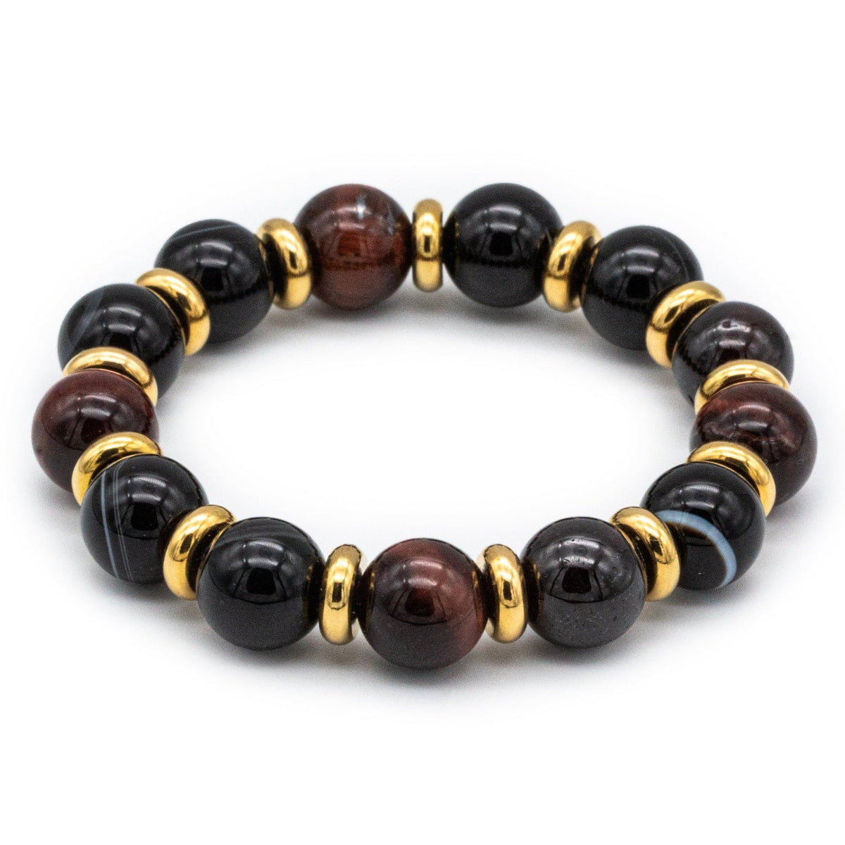 Close-up of women's Garnet Almandine, Agate Eye, and Red Tiger Eye bracelet.