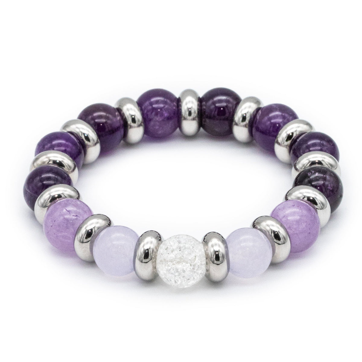 Stylish and spiritual women's bracelet handmade with Chalcedony, Clear Quartz, and Amethyst.