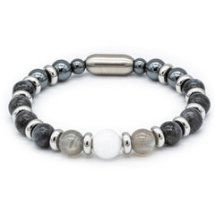 Men's Growth and Protection Bracelet: Belomorite (Moonstone), Larvikite, Hematite, Labradorite and Silver Steel