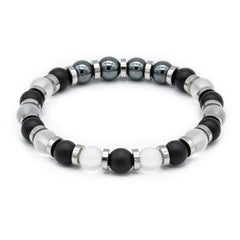 Men's Strength and Clarity Bracelet with Onyx Matte, Quartz Clear Matte, Hematite and Silver Steel