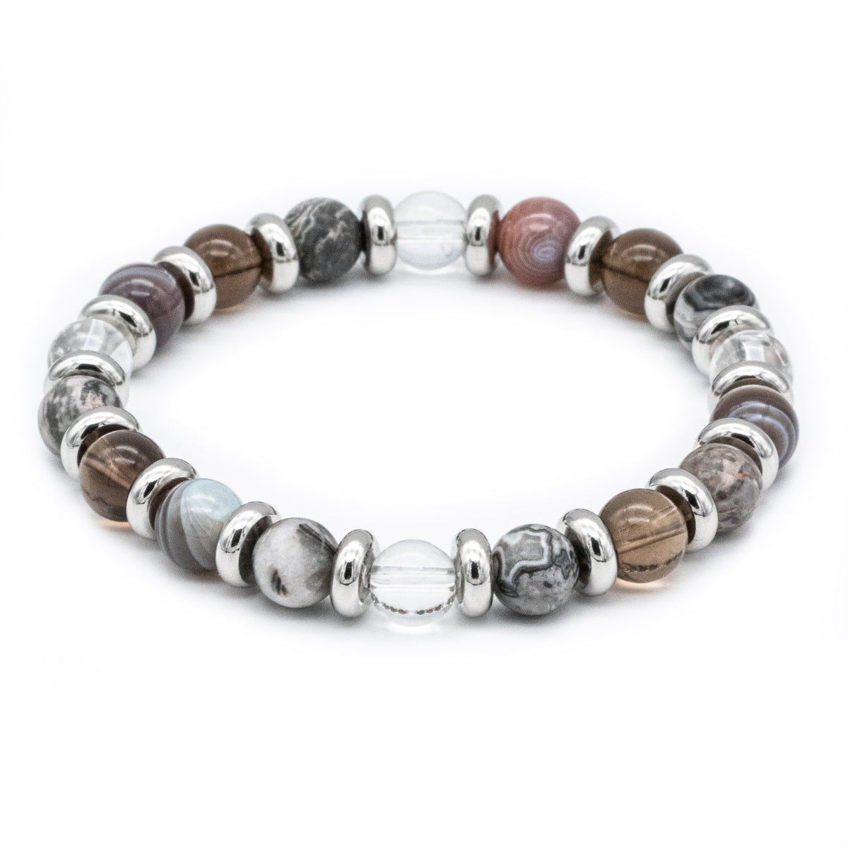 Elegant Howlite, Hematite, and Clear Quartz bracelet for men, displayed on white background, featuring natural stones and minimalist design.
