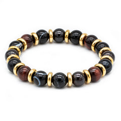 Men's Vitality and Balance Bracelet: Garnet Almandine, Agate Eye, Tiger Eye Red and Golden Steel