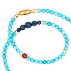 Men's Energy and Balance Necklace with Turquoise, Tiger Eye Yellow, Dumortierite Blue, Carnelian and Golden Steel