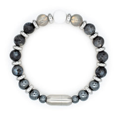 Men's Growth and Protection Bracelet: Belomorite (Moonstone), Larvikite, Hematite, Labradorite and Silver Steel