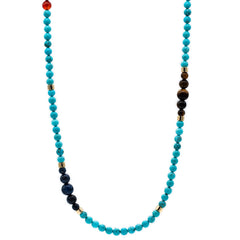 Men's Energy and Balance Necklace with Turquoise, Tiger Eye Yellow, Dumortierite Blue, Carnelian and Golden Steel