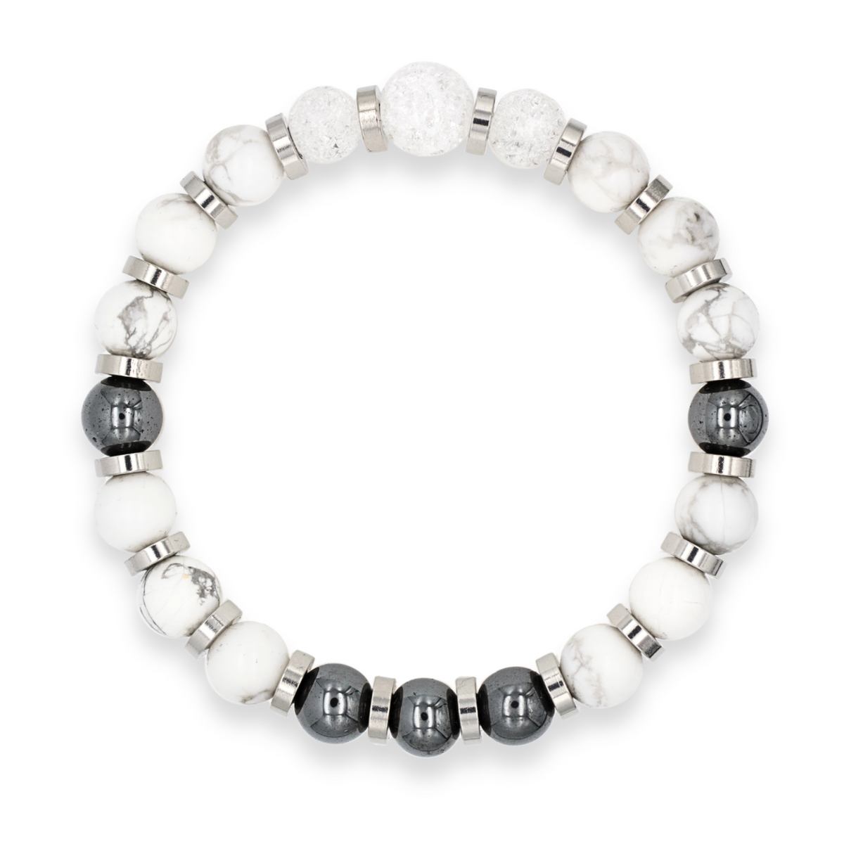 Men's Academic & Creative Bracelet: Howlite, Hematite, Clear Quartz and Silver