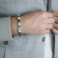 Men's Bracelet with Belomorite (Moonstone), Green Aventurine, Aquamarine, Howlite, Malachite, Hematite and Silver Steel