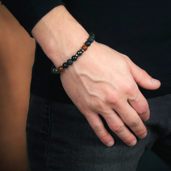 Men's Bracelet with Onyx Matte, Blue Tiger Eye, Lava Stone, Mahogany Obsidian, Hematite and Silver