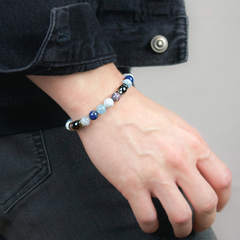 Men's Bracelet with Belomorite, Dumortierite, Aquamarine, Howlite, Botswana Agate, Hematite and Silver Steel