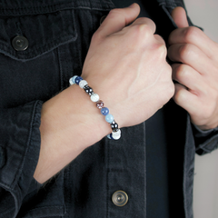 Men's Bracelet with Belomorite, Dumortierite, Aquamarine, Howlite, Botswana Agate, Hematite and Silver Steel
