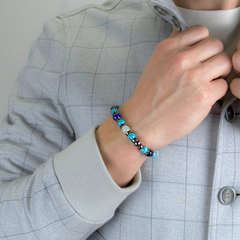 Men's Prosperity and Clarity Beaded Bracelet with Lapis Lazuli, Belomorite (Moonstone), Hematite, Turquoise and Silver Steel