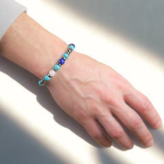 Men's Prosperity and Clarity Beaded Bracelet with Lapis Lazuli, Belomorite (Moonstone), Hematite, Turquoise and Silver Steel