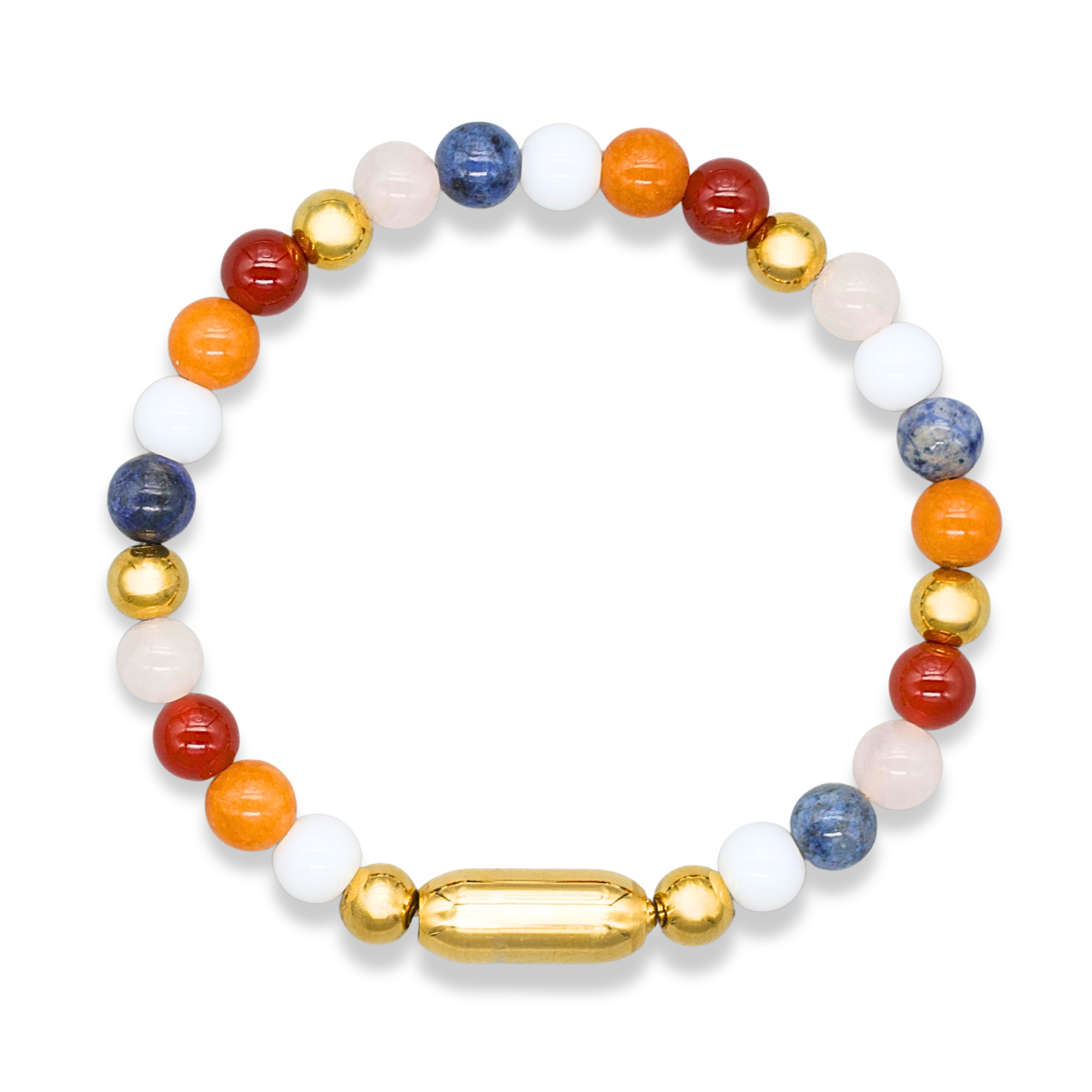 Close up of beaded bracelet for women with white agate and carnelian stones