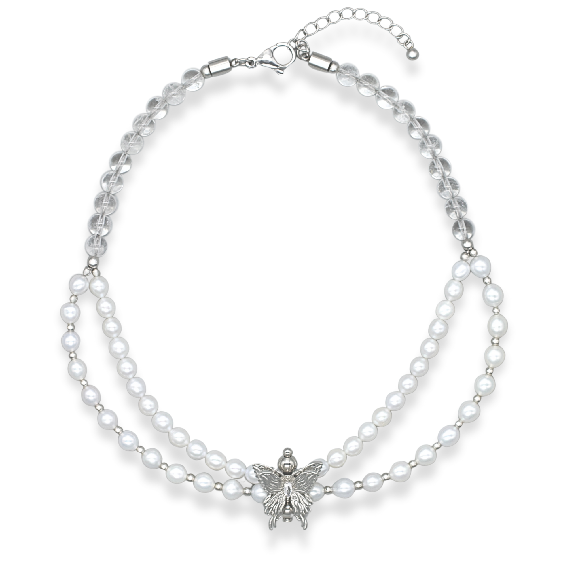 Close-up of butterfly pendant with CZ on pearl necklace