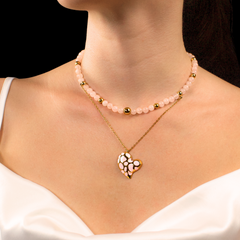 Women's Rose Quartz Choker Necklace for Love & Confidence with Gold Heart Pendant