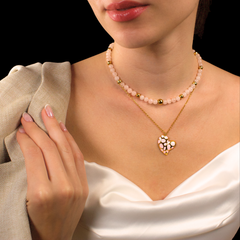 Women's Rose Quartz Choker Necklace for Love & Confidence with Gold Heart Pendant