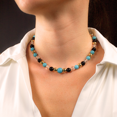 Women's Protection and Clarity Choker with Turquoise, Clear Quartz, Onyx and Gold