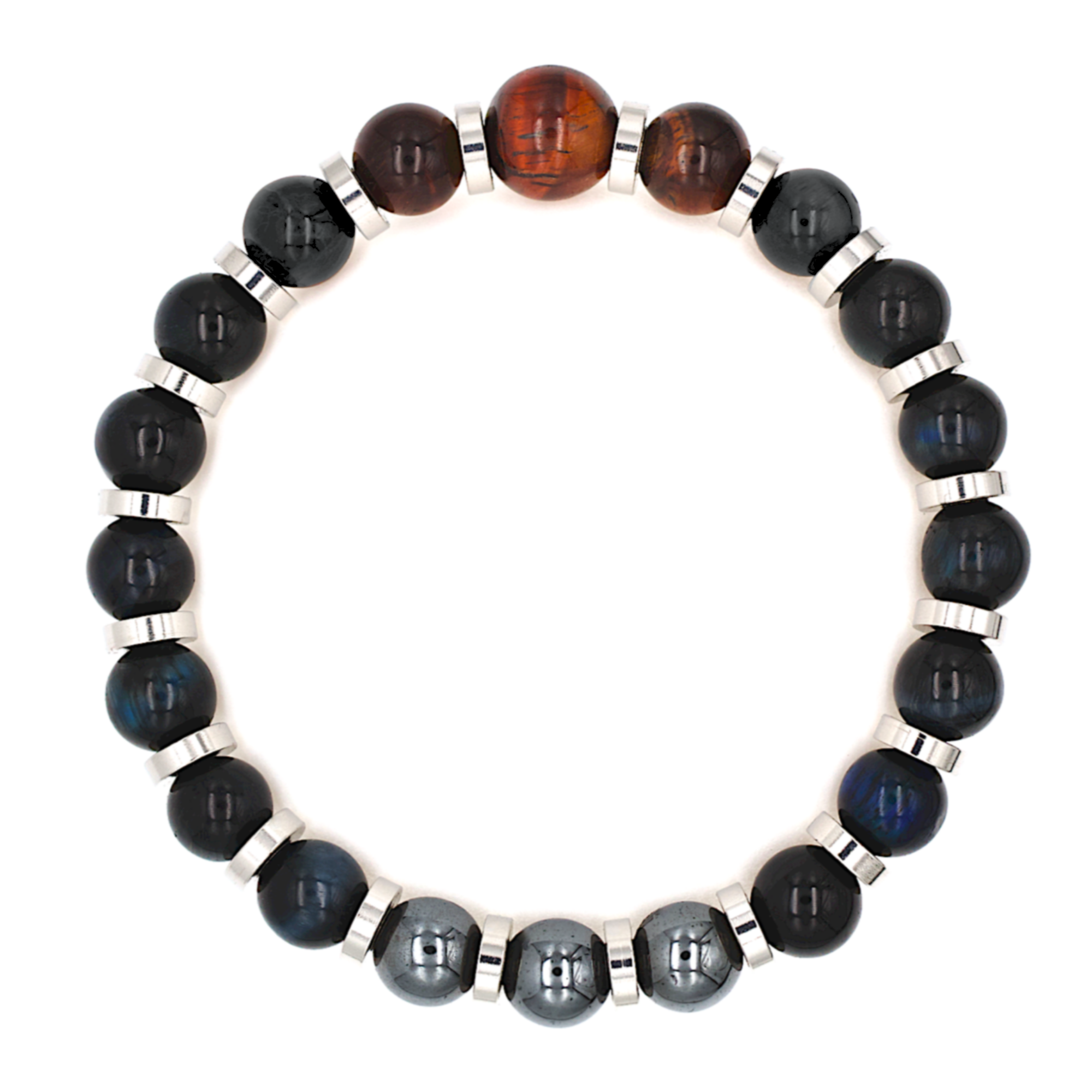 Handcrafted bracelet with Hawkeye, Bull Eye, and Hematite beads on a white background, symbolizing success, resilience, and leadership.