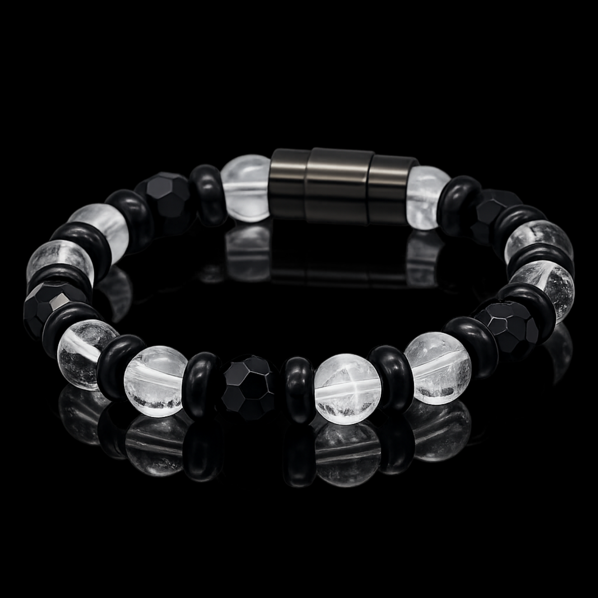 Men's Onyx & Clear Quartz Bracelet for Focus and Protection