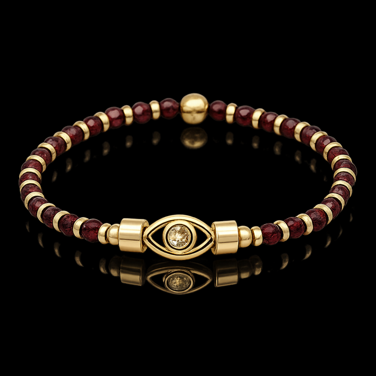 Women’s Protection & Power Red Pyrope Garnet Wristband with Evil Eye CZ Charm and Gold