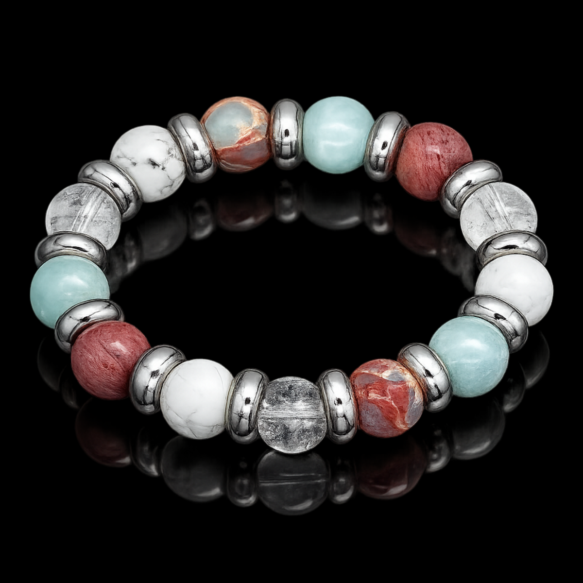Women's Personal Growth Bracelet: Aquamarine, Snakeskin Jasper, Clear Quartz, Rhodochrosite, Howlite and Silver