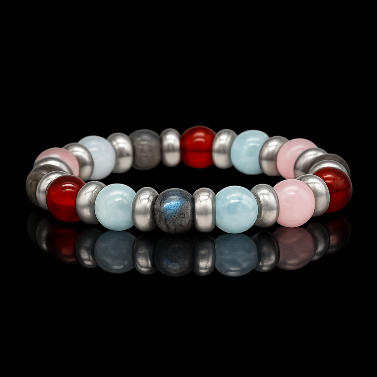 Women's Family Harmony Bracelet: Carnelian, Aquamarine, Quartz Rose, Labradorite and Silver