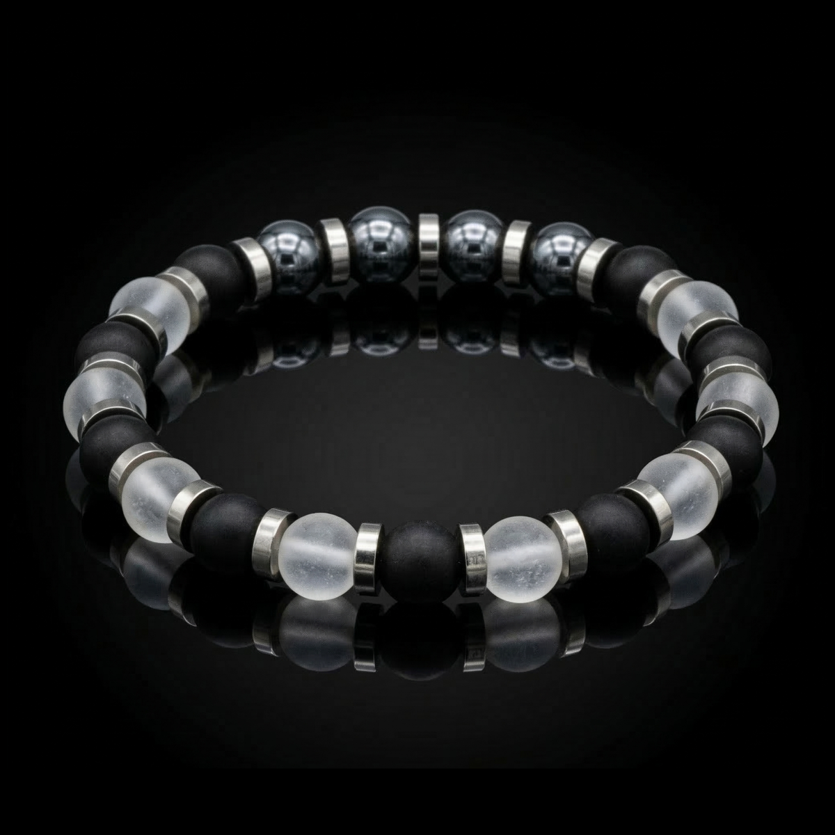 Men's Strength and Clarity Bracelet with Onyx Matte, Clear Quartz Matte, Hematite and Silver