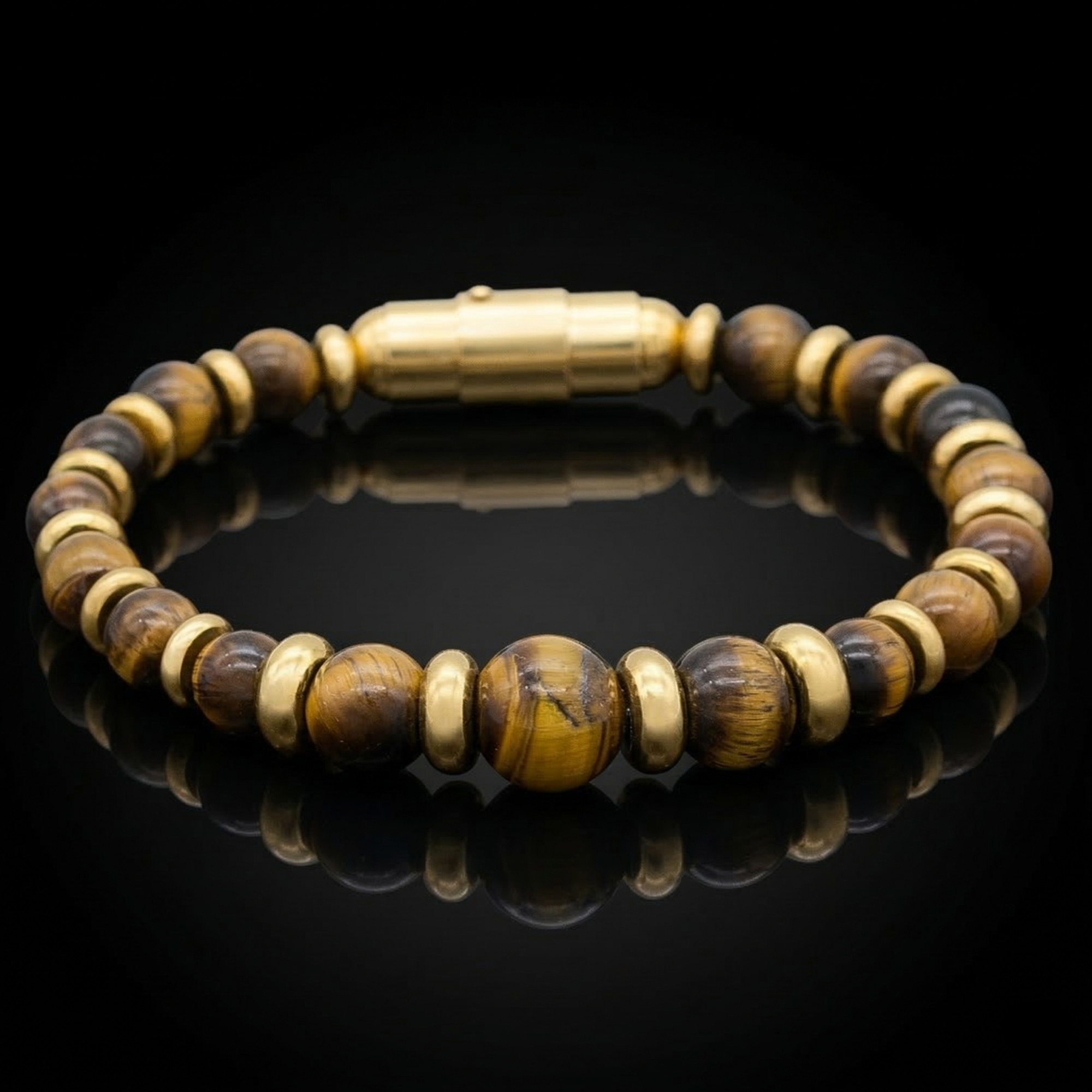 Men's yellow tiger eye bracelet with gold magnetic lock – front view