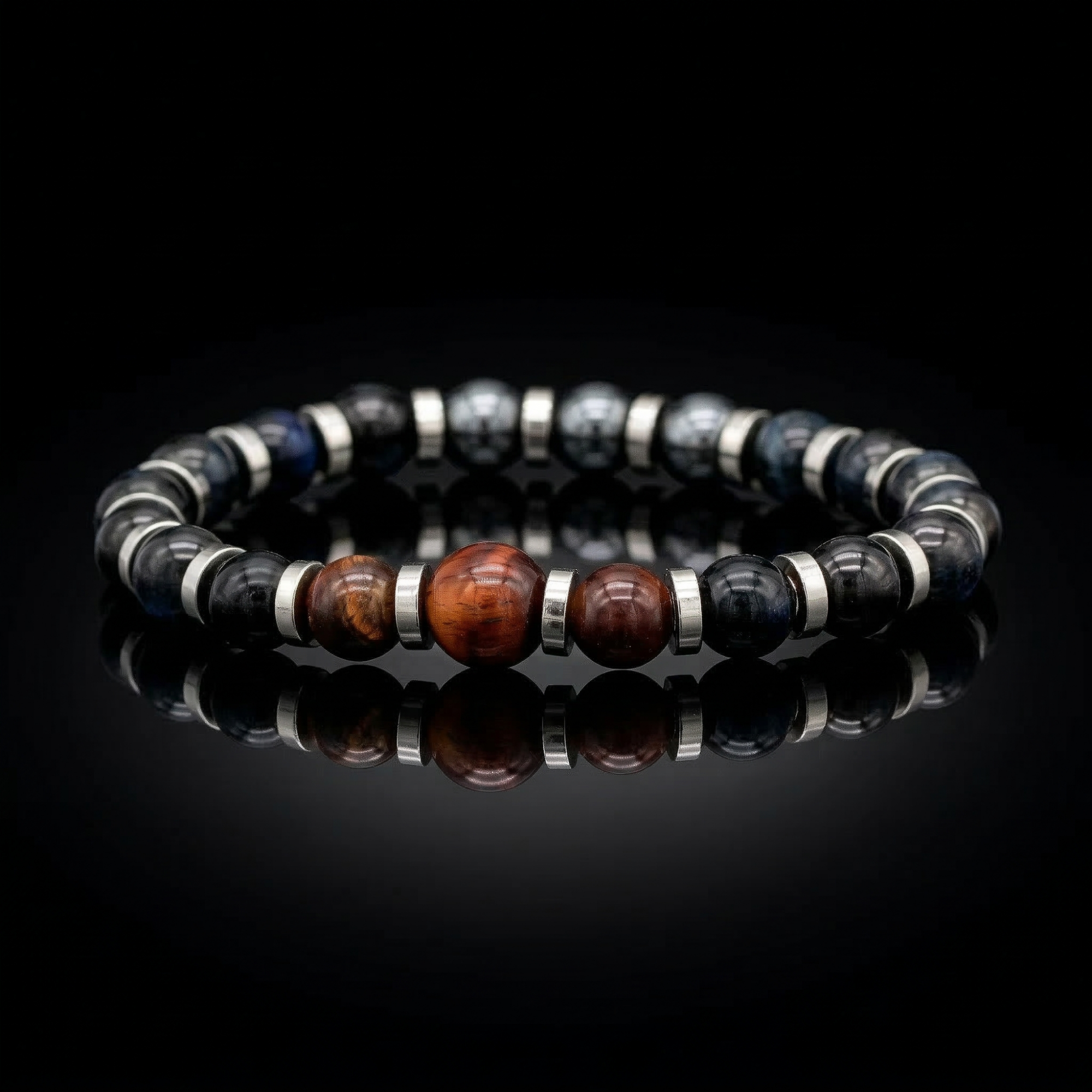 Elegant men's bracelet featuring Hawkeye, Bull Eye, and Hematite stones, displayed on a white background, designed for entrepreneurs and professionals.