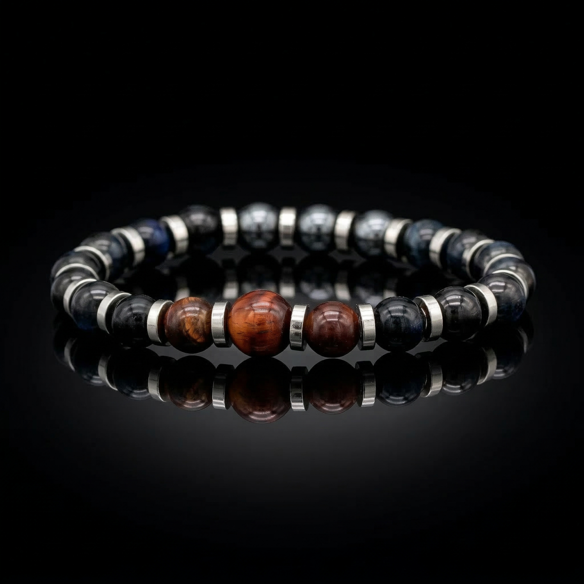 Elegant men's bracelet featuring Hawkeye, Bull Eye, and Hematite stones, displayed on a white background, designed for entrepreneurs and professionals.