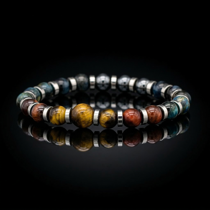 Men's Leadership & Insight Bracelet: Pietersite, Yellow Tiger Eye, Blue Tiger Eye, Red Tiger Eye, Hematite and Silver
