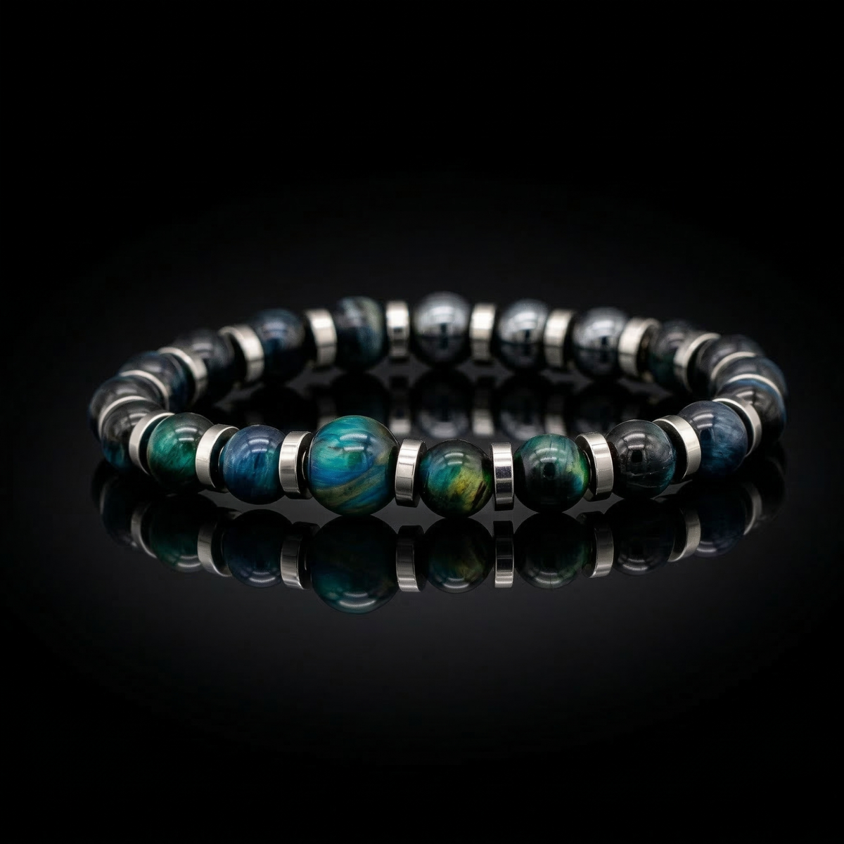 Men's Speaker's Bracelet for Eloquence: Pietersite, Blue Tiger Eye, Hematite and Silver