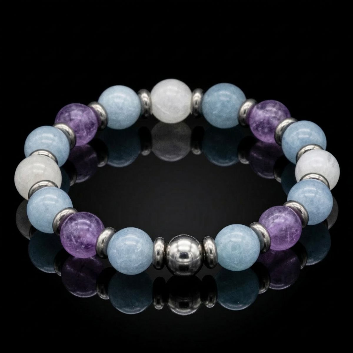 Women's Calming Wisdom Bracelet with Aquamarine, Amethyst,  Belomorite (Moonstone) and Silver