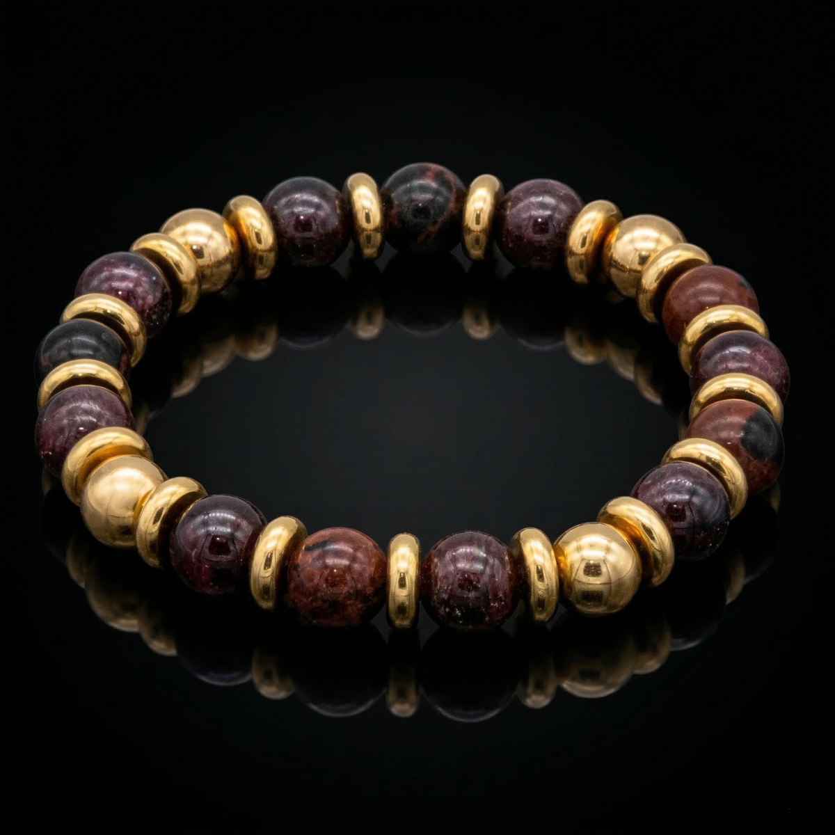 Women's Wristband for Empowering with Almandine Garnet, Mahogany Obsidian and Gold