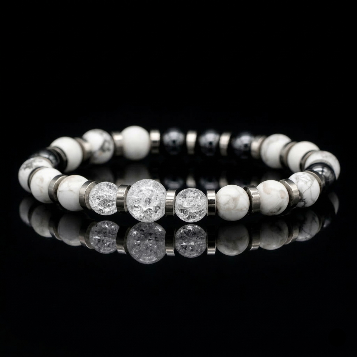Men's Academic & Creative Bracelet: Howlite, Hematite, Clear Quartz and Silver