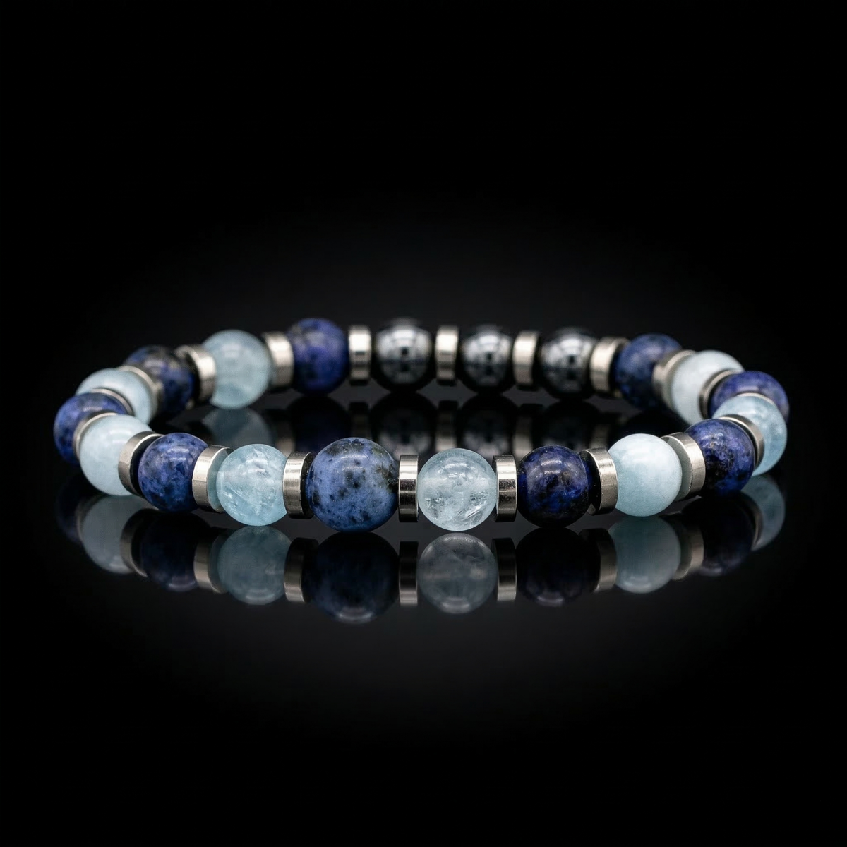Men's Leadership Bracelet with Dumortierite, Hematite, Aquamarine & Silver Steel for Growth
