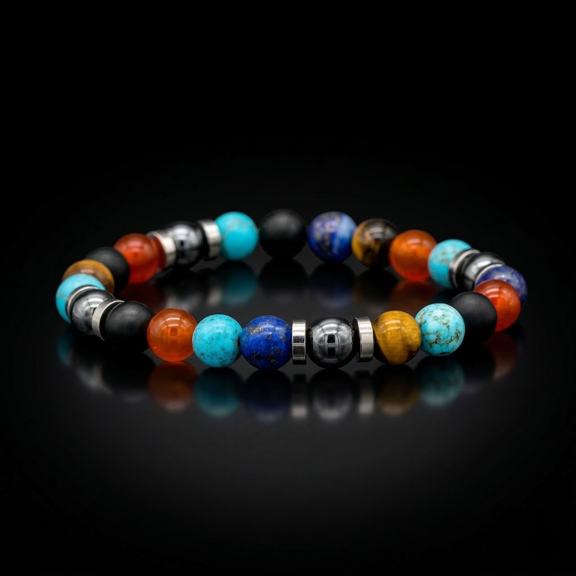 Handcrafted men’s bracelet with Turquoise, Yellow Tiger Eye, Onyx, Carnelian, Lapis Lazuli, and Hematite beads on white background, designed for confidence and success.
