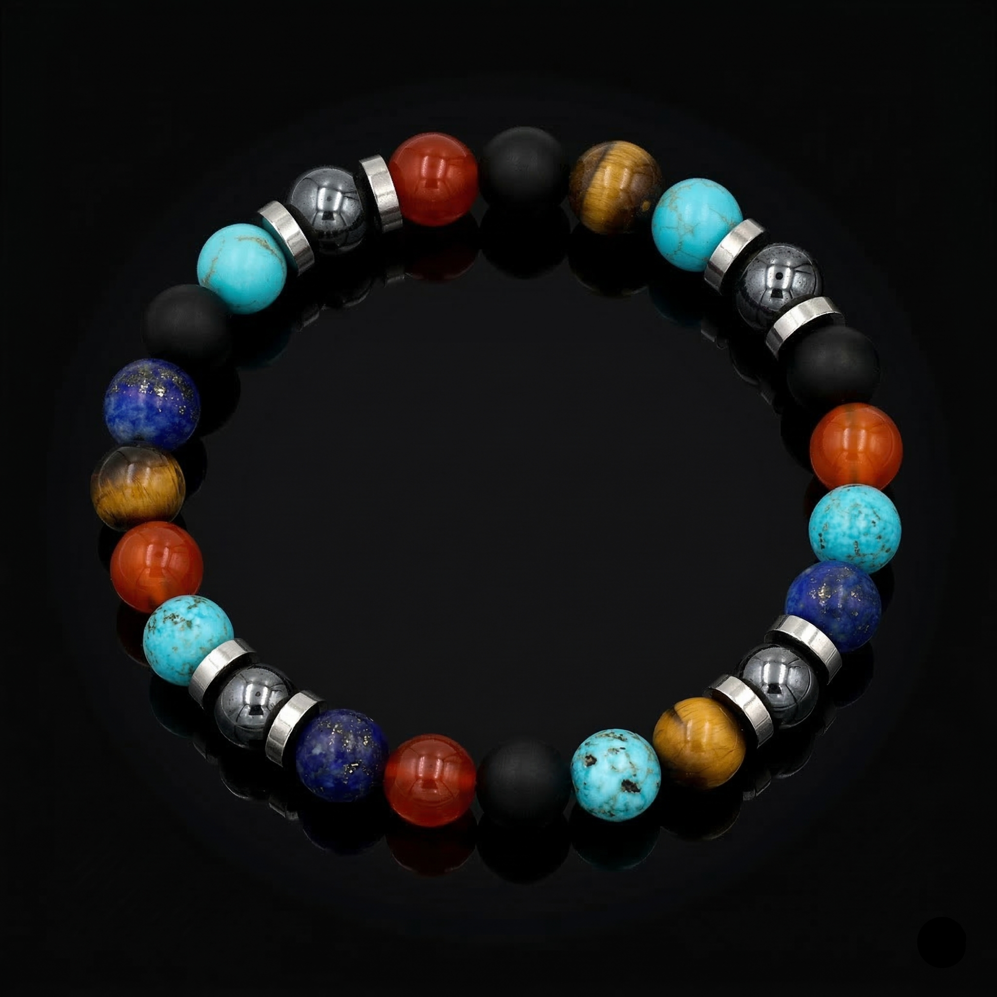 Elegant men’s bracelet featuring Turquoise, Yellow Tiger Eye, Onyx, Carnelian, Lapis Lazuli, and Hematite, displayed on white background with natural stones.