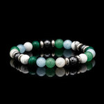 Men's Bracelet with Belomorite (Moonstone), Green Aventurine, Aquamarine, Howlite, Malachite, Hematite and Silver Steel