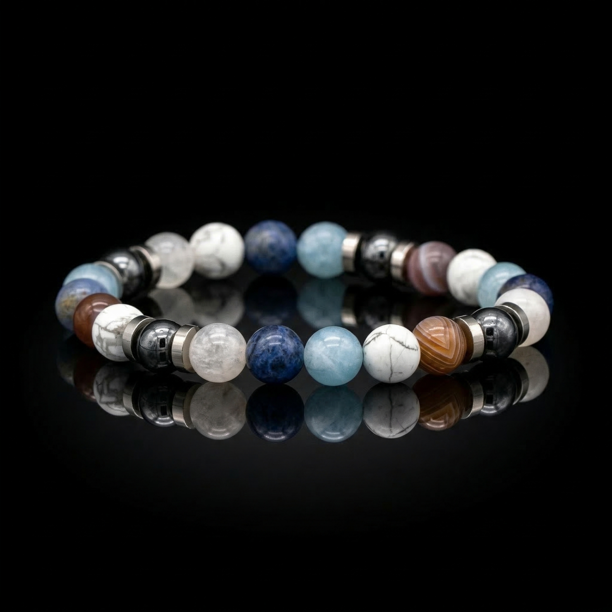 Handcrafted men’s bracelet with Belomorite, Dumortierite Blue, Aquamarine, Howlite, Botswana Agate, and Hematite beads on white background, designed for balance and clarity.