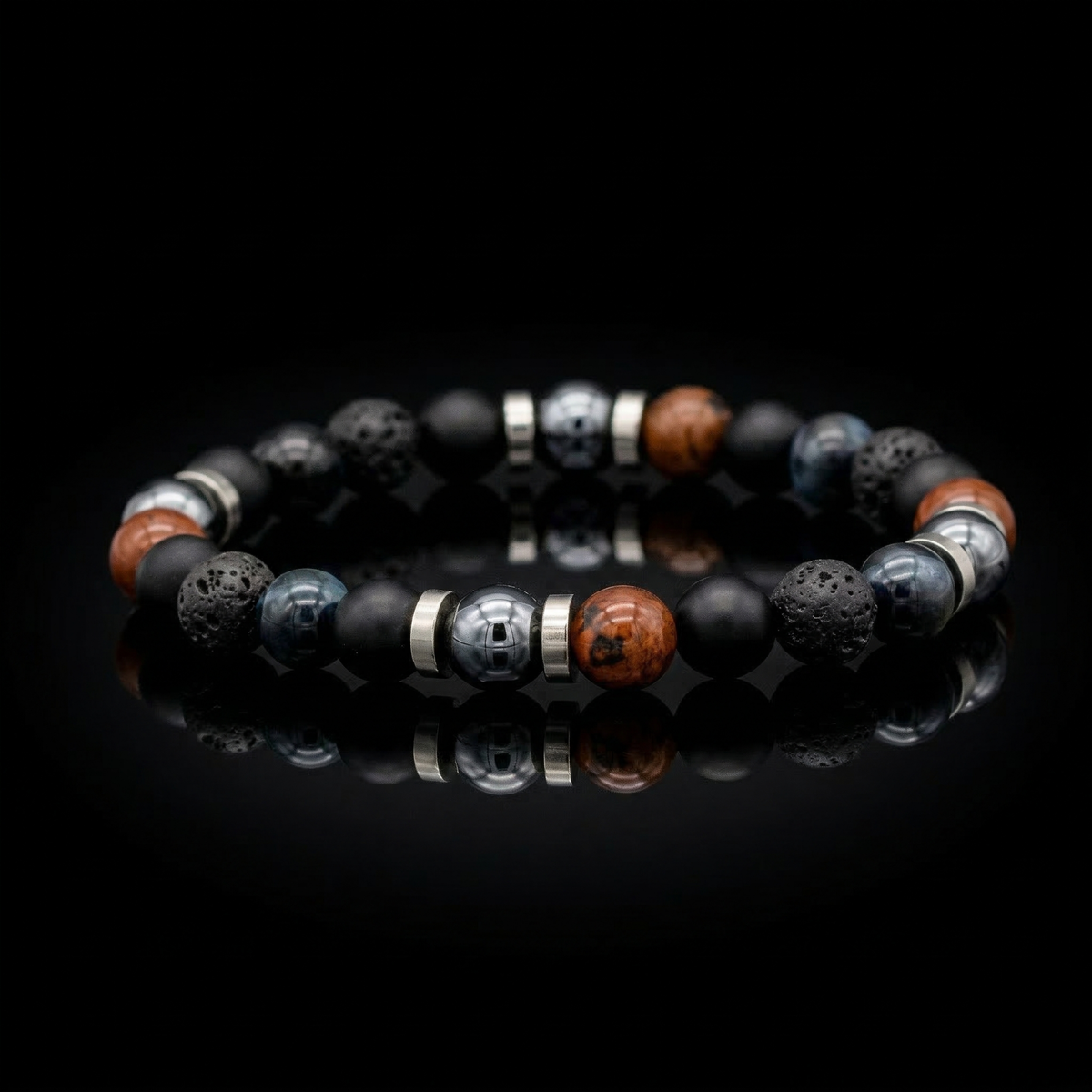 Handcrafted men’s bracelet with Belomorite, Dumortierite Blue, Aquamarine, Howlite, Botswana Agate, and Hematite beads on white background, designed for balance and clarity.