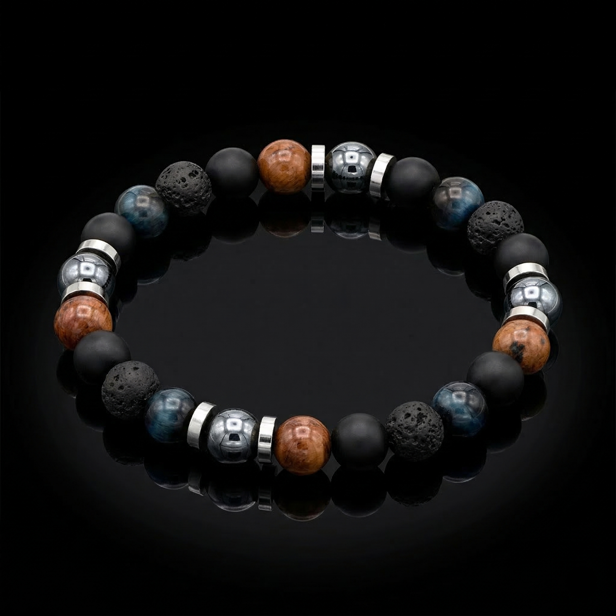 Elegant multistone men’s bracelet featuring Belomorite, Dumortierite Blue, Aquamarine, Howlite, Botswana Agate, and Hematite, displayed on white background.