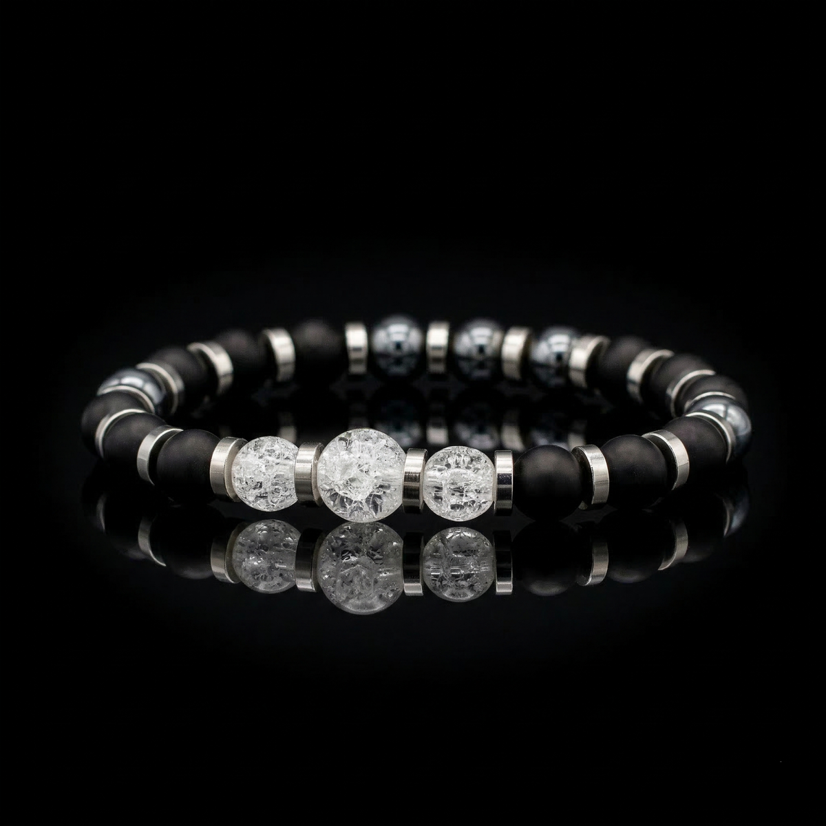 Men's Strength & Success Bracelet: Onyx Matte, Clear Quartz, Hematite and Silver